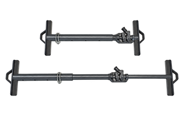 Zwei stabil aussehende, metallene Pendelstützen mit Gelenkverbindung und Endhaken.