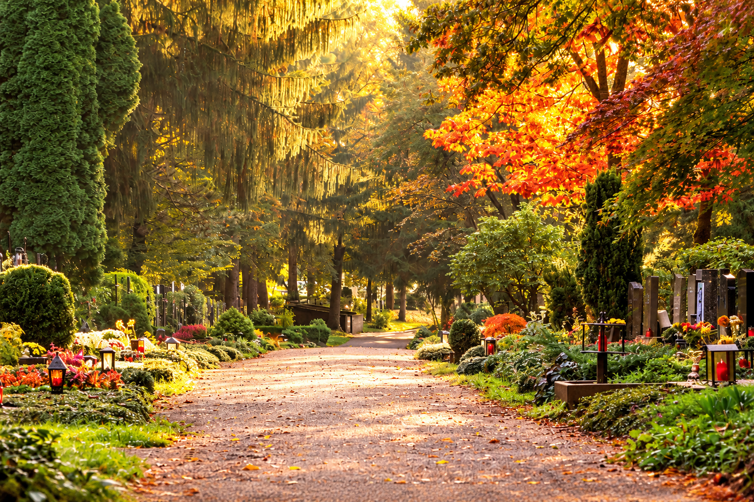 Autumnalischer Gartenweg mit bunten Blättern und sonnendurchfluteter Atmosphäre.